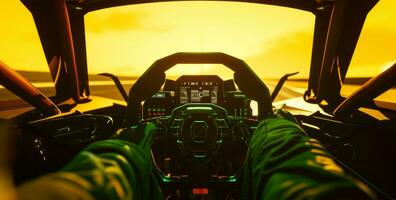 ai generiert Rennen Auto Cockpit mit ein Grün Bildschirm foto