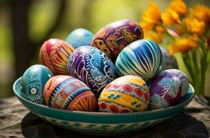ai generiert ein Vielfalt von bunt gemalt Ostern Eier foto