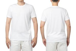 junger Mann im leeren weißen T-Shirt Mockup vorne und hinten als Designvorlage verwendet, isoliert auf weißem Hintergrund mit Beschneidungspfad