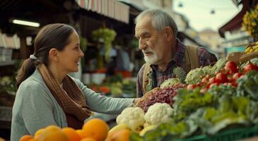 ai generiert ein Frau und ein älter Mann Kauf Gemüse beim ein Bauern Markt foto