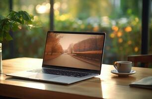 ai generiert Laptop und Laptop Anzeige auf Tabelle mit Papier foto