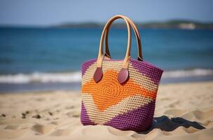 ai generiert Sommer- Handtasche auf das Strand foto