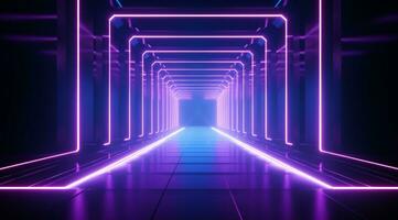 ai generiert Neon- Tunnel im das dunkel mit Blau und Rosa Neon- Beleuchtung foto