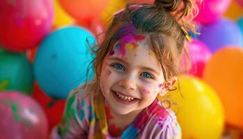 ai generiert ein wenig Mädchen zeigen aus ihr Farben während lächelnd mit Luftballons hinter ihr foto
