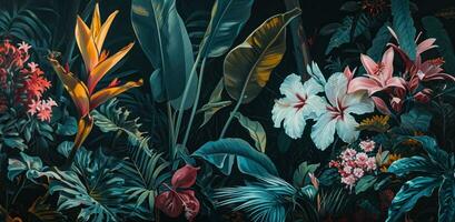 ai generiert ein Gemälde von tropisch Pflanzen im ein dunkel Nacht foto