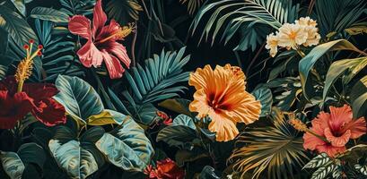 ai generiert ein Gemälde von verschiedene tropisch Pflanzen einschließlich Hibiskus und Hibiskus foto
