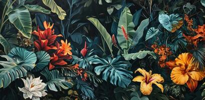 ai generiert ein Gemälde von tropisch Pflanzen im ein dunkel Nacht foto