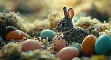 ai generiert ein klein Hase umgeben durch bunt Eier foto