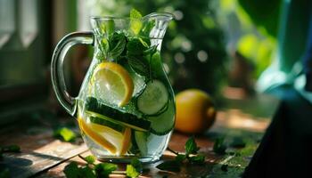 ai generiert ein Krug von Wasser mit Zitronen, Minze und Gurke foto