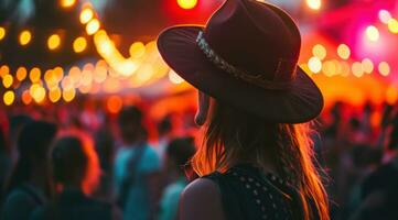 ai generiert ein Frau Hut übersieht das Menge beim ein Festival foto