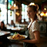 ai generiert ein jung Kellnerin hält ein Teller voll von Essen wie sie trägt Gönner zu ihr Tabelle foto