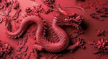 ai generiert ein Chinesisch Drachen ist gezeigt auf ein rot Hintergrund foto