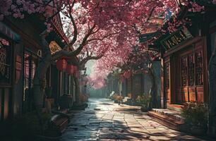 ai generiert ein Gasse im ein asiatisch Stadt, Dorf gefüllt mit Rosa Blüten foto