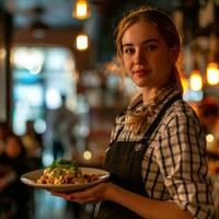 ai generiert ein jung Kellnerin hält ein Teller voll von Essen wie sie trägt Gönner zu ihr Tabelle foto