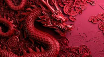 ai generiert ein rot Drachen Kunst drucken ist auf das Hintergrund von ein rot gemustert rot Hintergrund foto