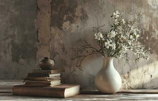 ai generiert ein Vase, Bücher und Blumen auf ein leeren hölzern Tabelle foto
