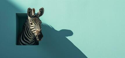 ai generiert ein Zebra spähen aus von ein Blau und Rosa Mauer foto