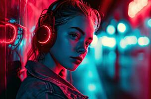 ai generiert attraktiv jung Frau tragen Kopfhörer Das glühen Neon- rot foto