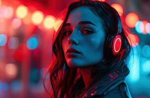 ai generiert attraktiv jung Frau tragen Kopfhörer Das glühen Neon- rot foto