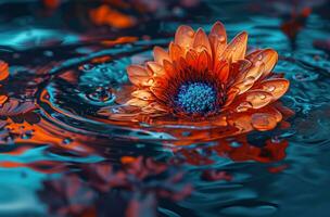 ai generiert ein Orange und Blau Blume Sitzung auf Wasser mit Tropfen foto