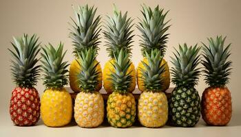 ai generiert frisch, saftig Ananas Scheiben vereinbart worden im ein beschwingt, tropisch Muster generiert durch ai foto