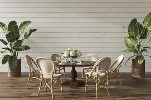 Esszimmer im Küstendesign mit Tisch. Mock-up weiße Wand im gemütlichen Innenhintergrund. Hampton-Stil 3D-Render-Illustration. foto