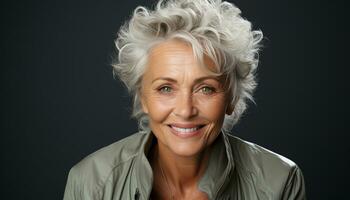 ai generiert schön Senior Frau mit grau Haar lächelnd selbstbewusst beim Kamera generiert durch ai foto