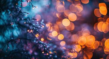 ai generiert Bokeh bewirken Weihnachten Baum Hintergrund verschwommen und leuchtenden Weihnachten Ringe foto