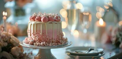 ai generiert ein elegant Rosa Geburtstag Kuchen mit Champagner und Hochzeit Kuchen foto