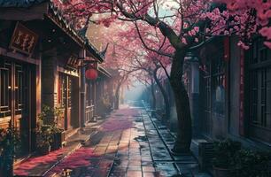 ai generiert ein Gasse im ein asiatisch Stadt, Dorf gefüllt mit Rosa Blüten foto