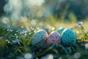 ai generiert bunt farbig Eier gelegt aus im Gras mit Bokeh Licht foto