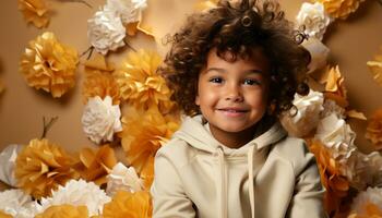 ai generiert lächelnd Kind, Glück im Herbst, süß Porträt, spielerisch draußen generiert durch ai foto