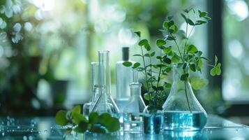 ai generiert Chemie Labor auf Glas Zähler mit Pflanze und Flüssigkeit foto