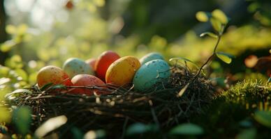 ai generiert bunt Eier im ein Nest im ein Garten foto