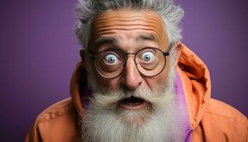 ai generiert Exzenter Senior Mann mit Bart und Brille drückt aus Schock generiert durch ai foto