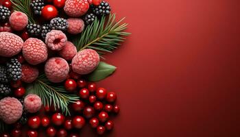 ai generiert Winter Feier frisch Himbeere Dessert auf Schokolade Plätzchen Ornament generiert durch ai foto
