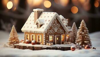 ai generiert hausgemacht Lebkuchen Haus dekoriert mit Schneeflocken, Süssigkeit, und Glasur generiert durch ai foto