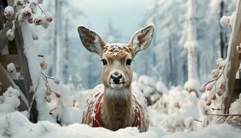 ai generiert süß Hirsch im Schnee, suchen beim Kamera, Winter Schönheit generiert durch ai foto