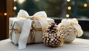 ai generiert ein hell Gold Ball dekoriert das Weihnachten Baum elegant generiert durch ai foto