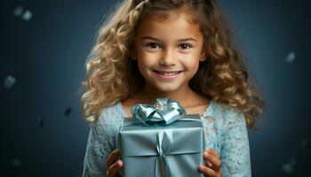 ai generiert lächelnd süß Mädchen halten Geburtstag Geschenk, suchen beim Kamera generiert durch ai foto