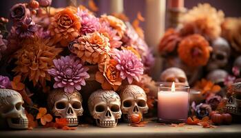 ai generiert gespenstisch Halloween Tabelle Dekoration Kürbis, Kerze, Blume, Herbst, gespenstisch generiert durch ai foto