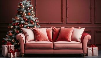 ai generiert gemütlich Leben Zimmer, beleuchtet Weihnachten Baum, elegant Dekorationen, komfortabel Sofa generiert durch ai foto