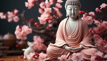 ai generiert meditieren Buddha sitzt, umgeben durch Kirsche Blüten, im still Harmonie generiert durch ai foto