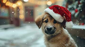 ai generiert charmant Hündchen im ein Weihnachten Hut, flach Tiefe von Feld foto