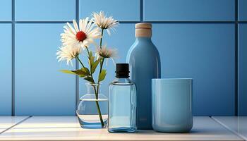 ai generiert frisch Blau Blume im Glas Vase bringt Natur drinnen generiert durch ai foto