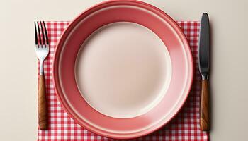 ai generiert leeren Teller mit Besteck auf ein überprüft Tischdecke im Küche generiert durch ai foto