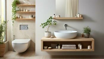 ai generiert modern Badezimmer Design mit sauber Badewanne, elegant Waschbecken, und komfortabel Dusche generiert durch ai foto