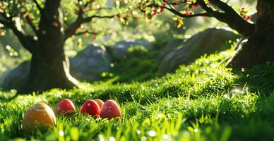 ai generiert bunt Eier eingebettet im ein grasig Garten foto