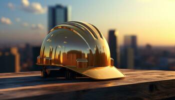ai generiert Konstruktion Arbeiter tragen Helm baut Wolkenkratzer im Stadt beim Sonnenuntergang generiert durch ai foto