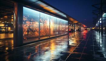 ai generiert futuristisch Wolkenkratzer erleuchten das Stadt unter Tage U-Bahn Bahnhof beim Nacht generiert durch ai foto